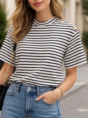 Ba&sh Striped Cotton Top Size 1 Nautical Button Shoulder Tee Made in Portugal